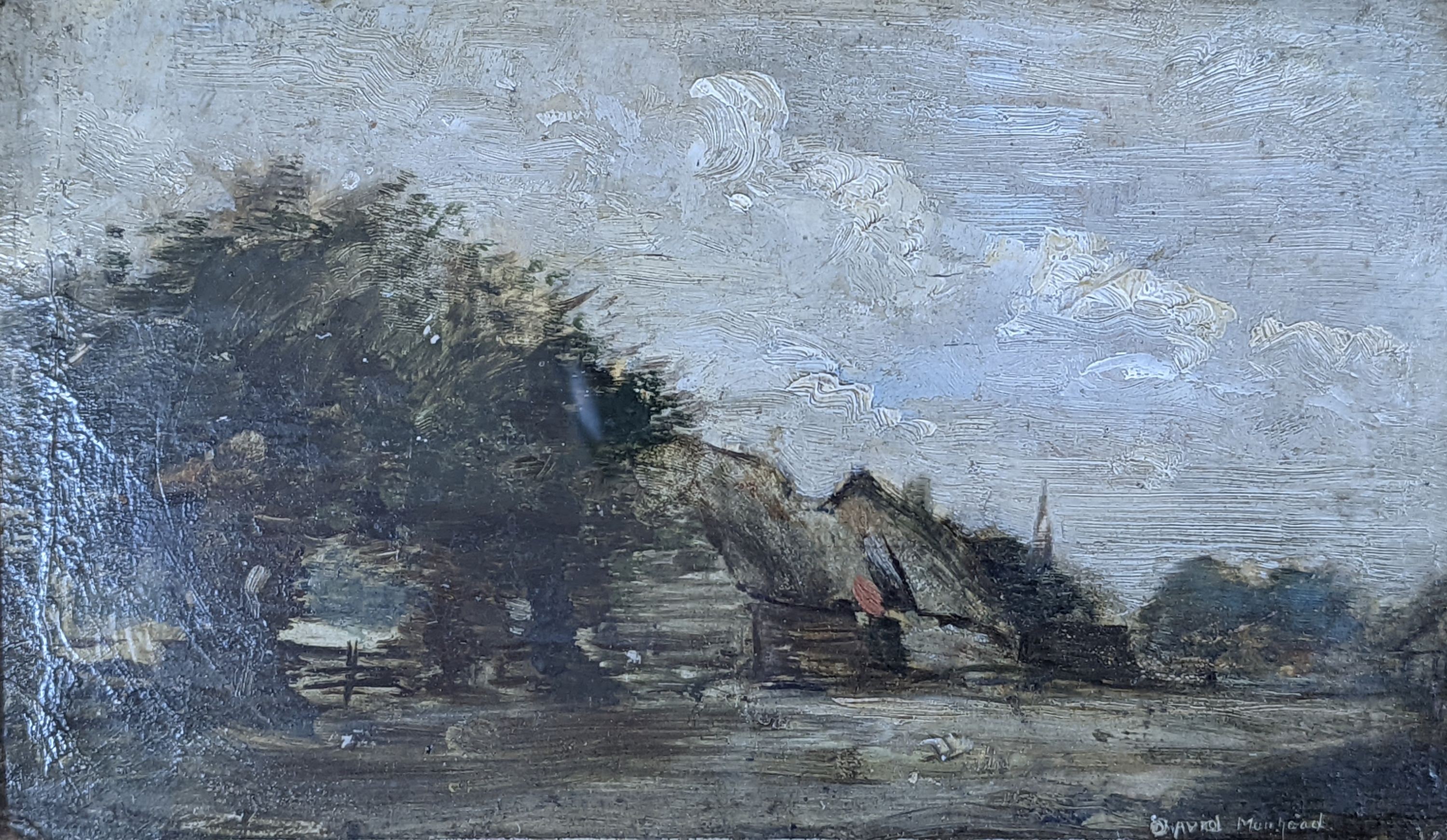 David Muirhead (1867-1930), oil on wooden panel, Rustic landscape, signed, 13 x 22cm